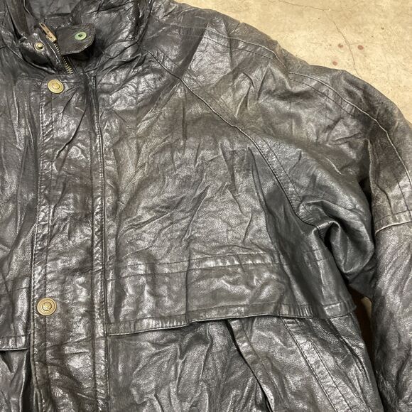 Vintage 90s 1871 Black Genuine Leather Bomber Flight Zip Jacket Mens Large - Picture 8 of 13